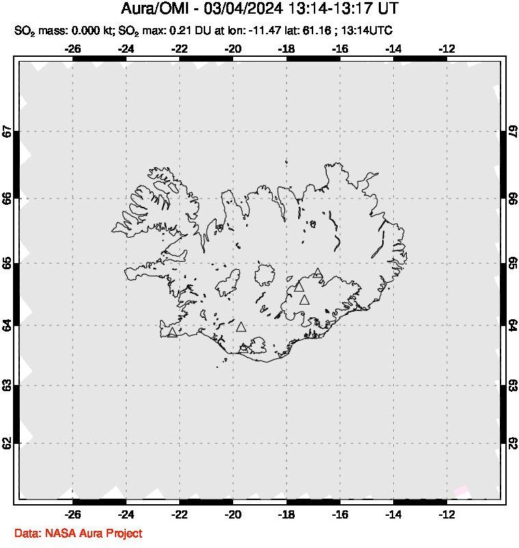 A sulfur dioxide image over Iceland on Mar 04, 2024.