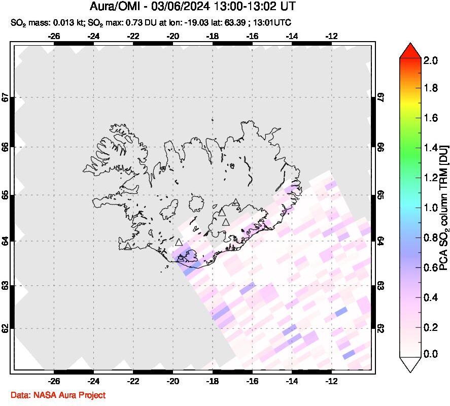 A sulfur dioxide image over Iceland on Mar 06, 2024.