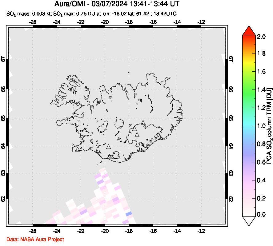 A sulfur dioxide image over Iceland on Mar 07, 2024.