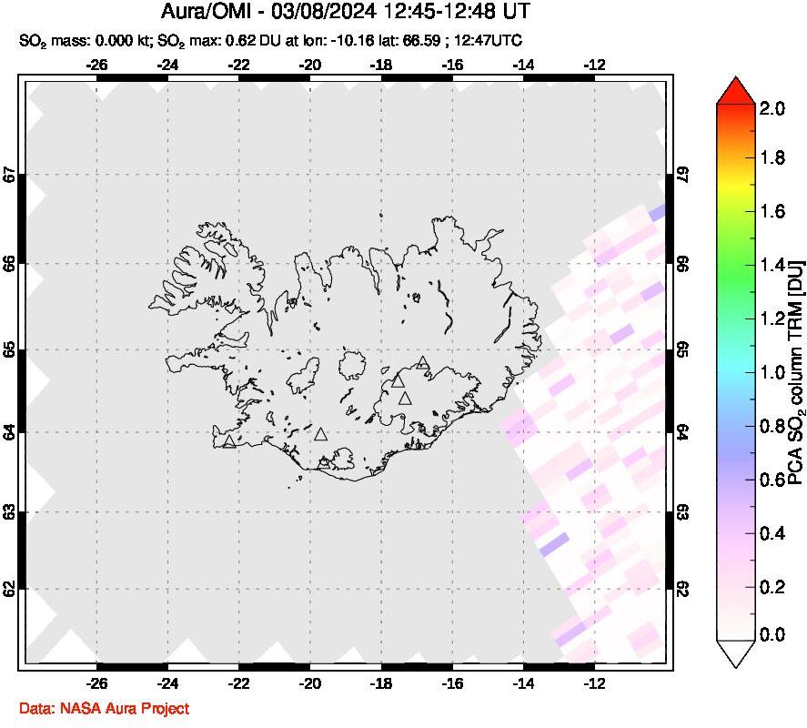 A sulfur dioxide image over Iceland on Mar 08, 2024.