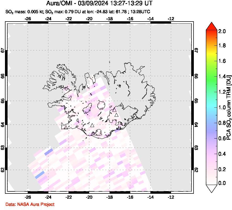 A sulfur dioxide image over Iceland on Mar 09, 2024.