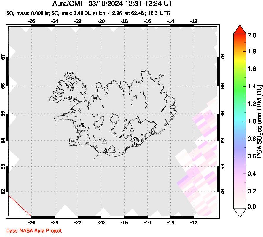 A sulfur dioxide image over Iceland on Mar 10, 2024.