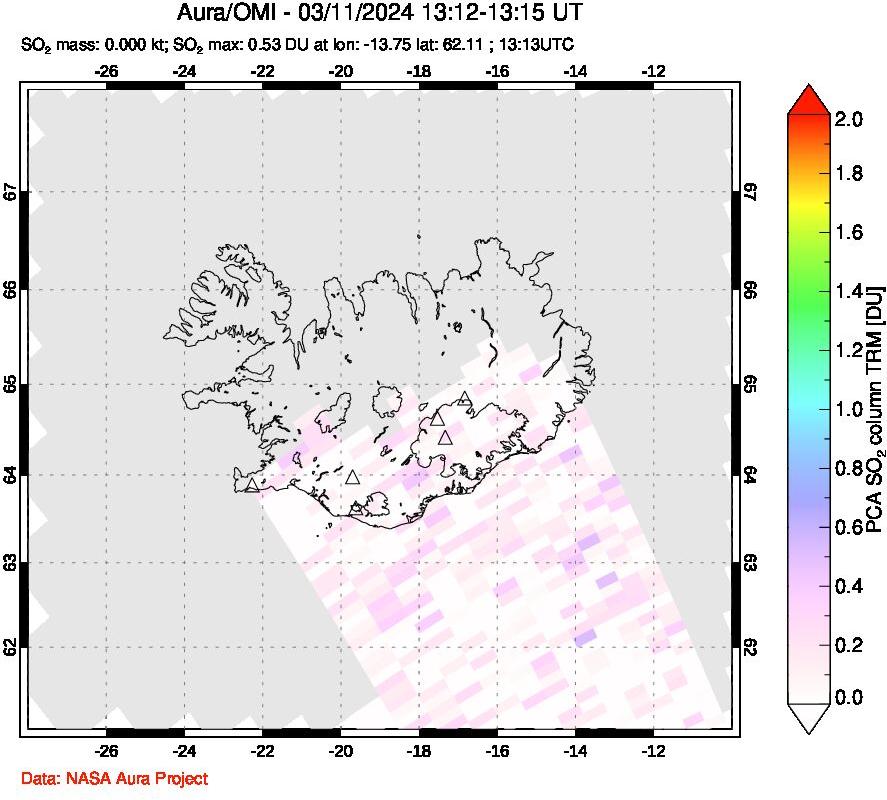 A sulfur dioxide image over Iceland on Mar 11, 2024.