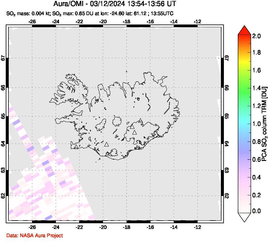 A sulfur dioxide image over Iceland on Mar 12, 2024.