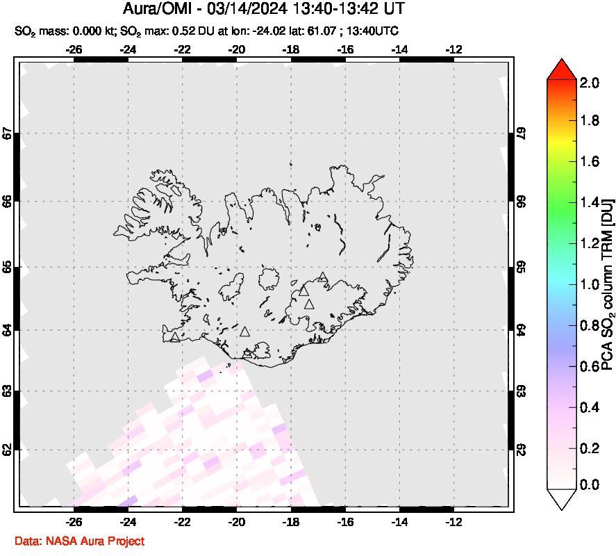 A sulfur dioxide image over Iceland on Mar 14, 2024.