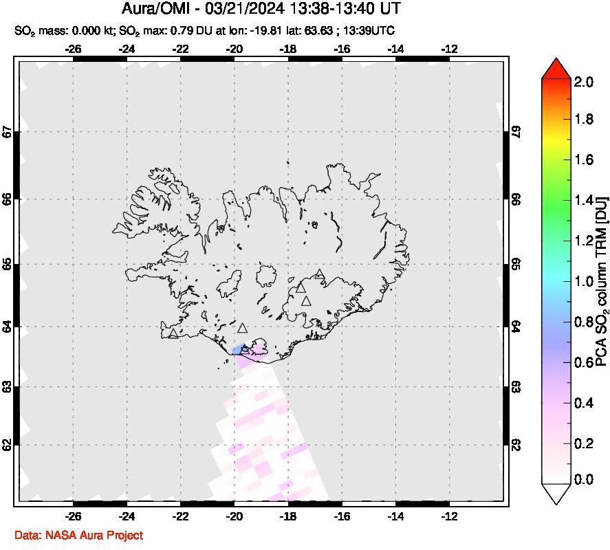 A sulfur dioxide image over Iceland on Mar 21, 2024.