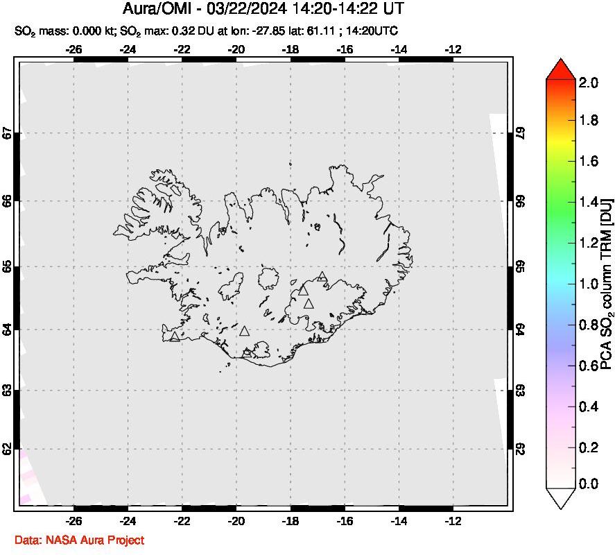 A sulfur dioxide image over Iceland on Mar 22, 2024.