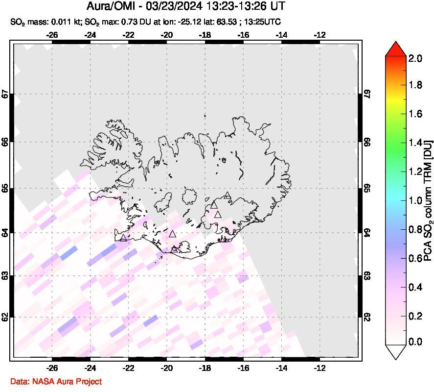 A sulfur dioxide image over Iceland on Mar 23, 2024.