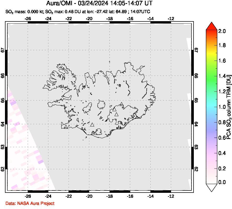 A sulfur dioxide image over Iceland on Mar 24, 2024.