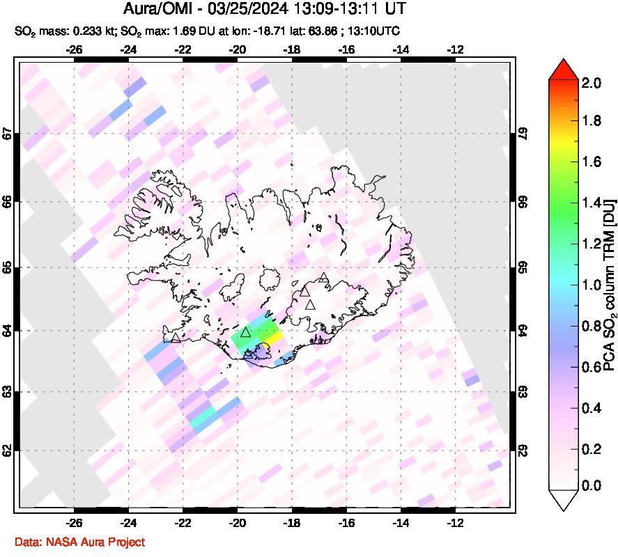 A sulfur dioxide image over Iceland on Mar 25, 2024.