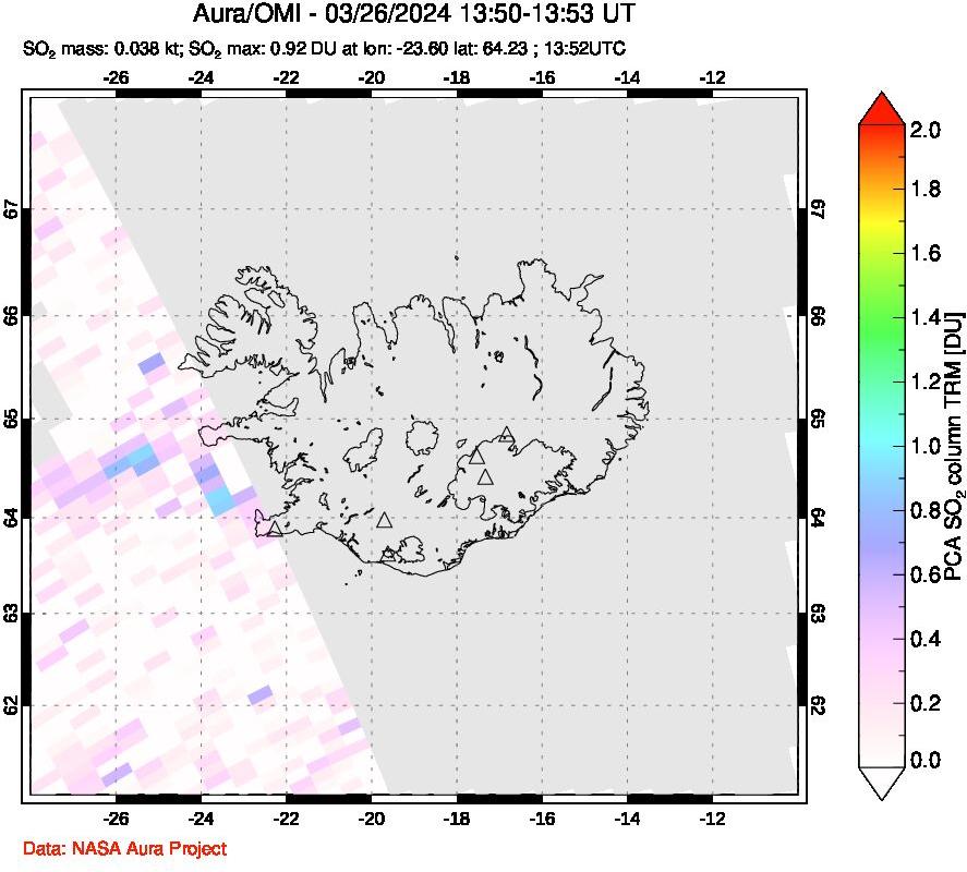 A sulfur dioxide image over Iceland on Mar 26, 2024.