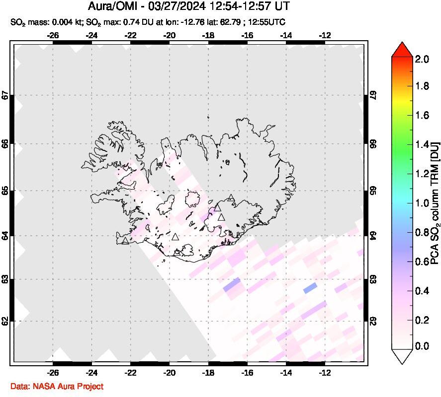 A sulfur dioxide image over Iceland on Mar 27, 2024.