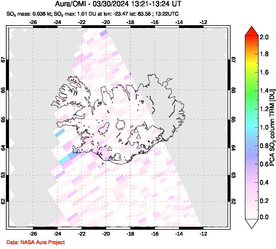 A sulfur dioxide image over Iceland on Mar 30, 2024.