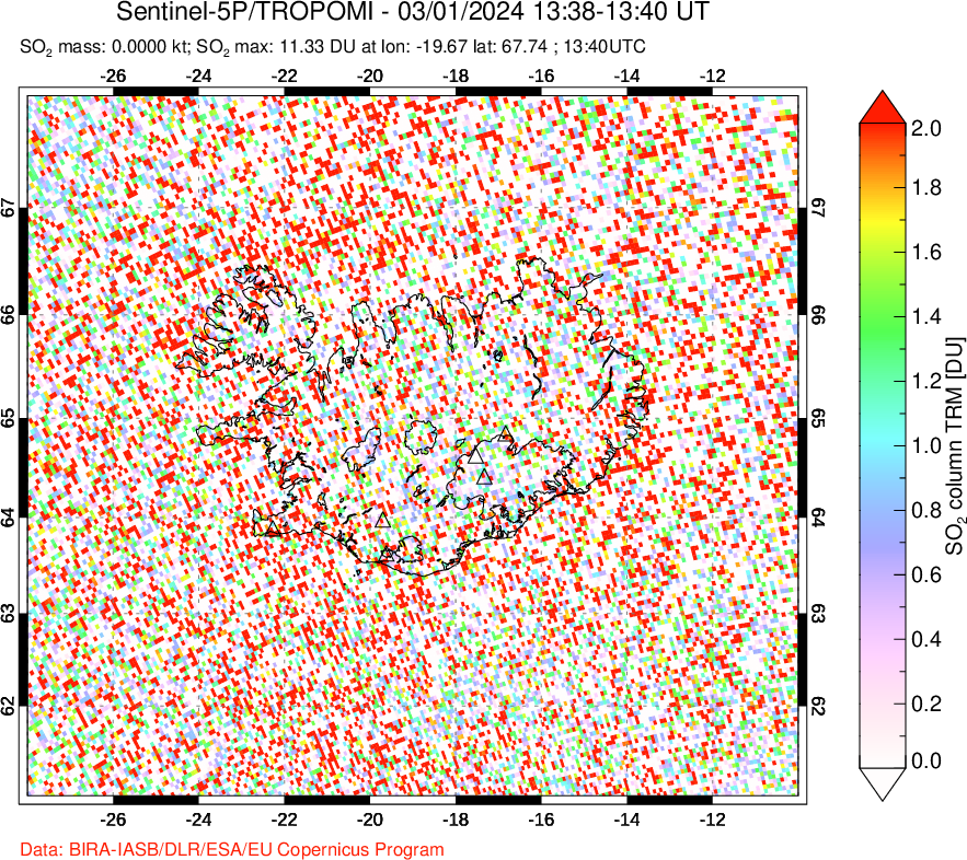 A sulfur dioxide image over Iceland on Mar 01, 2024.