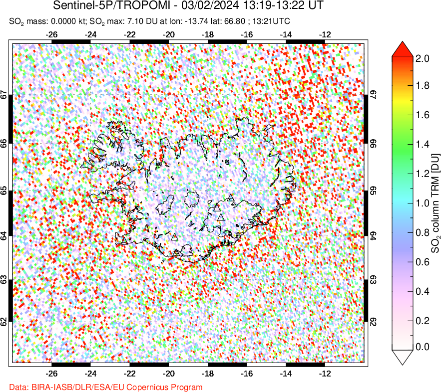 A sulfur dioxide image over Iceland on Mar 02, 2024.