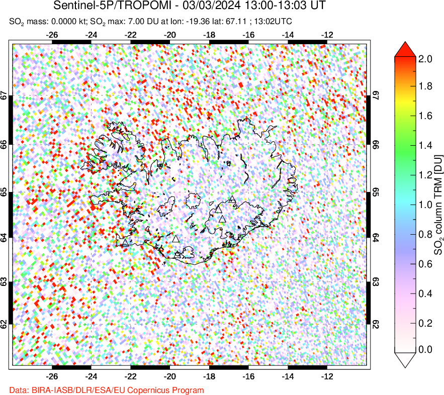 A sulfur dioxide image over Iceland on Mar 03, 2024.