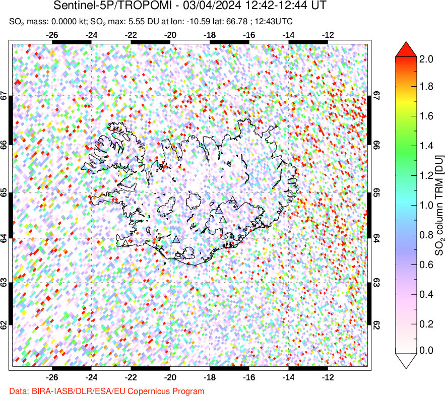 A sulfur dioxide image over Iceland on Mar 04, 2024.