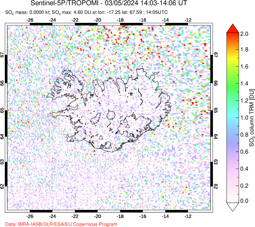 A sulfur dioxide image over Iceland on Mar 05, 2024.