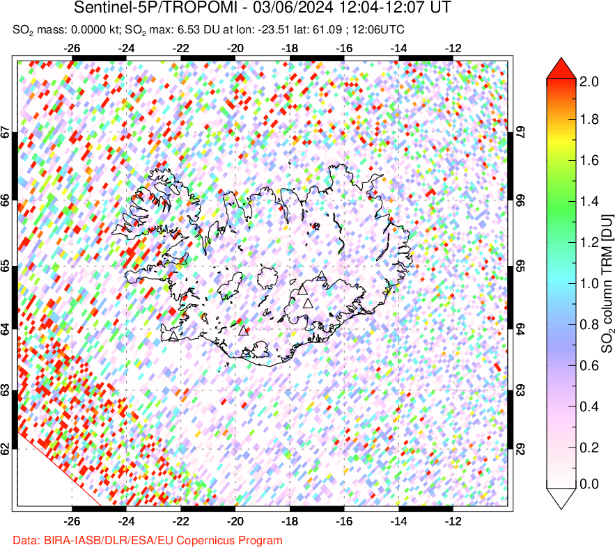 A sulfur dioxide image over Iceland on Mar 06, 2024.