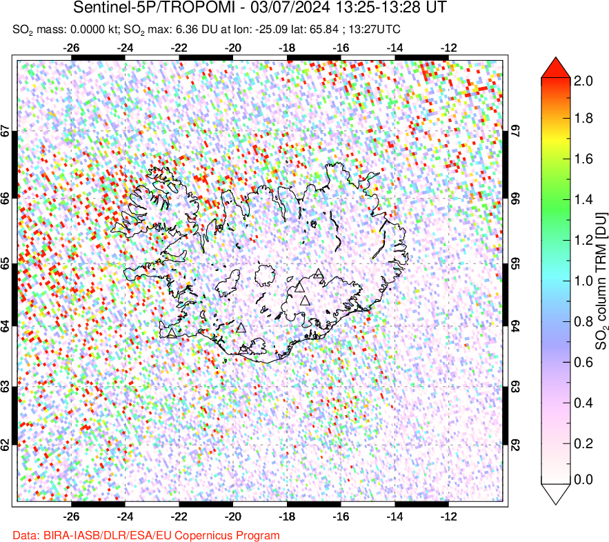 A sulfur dioxide image over Iceland on Mar 07, 2024.