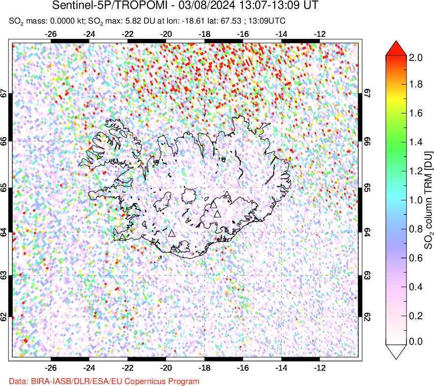 A sulfur dioxide image over Iceland on Mar 08, 2024.