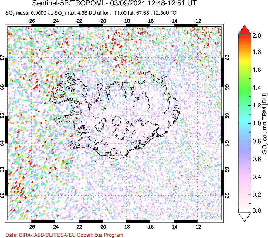 A sulfur dioxide image over Iceland on Mar 09, 2024.