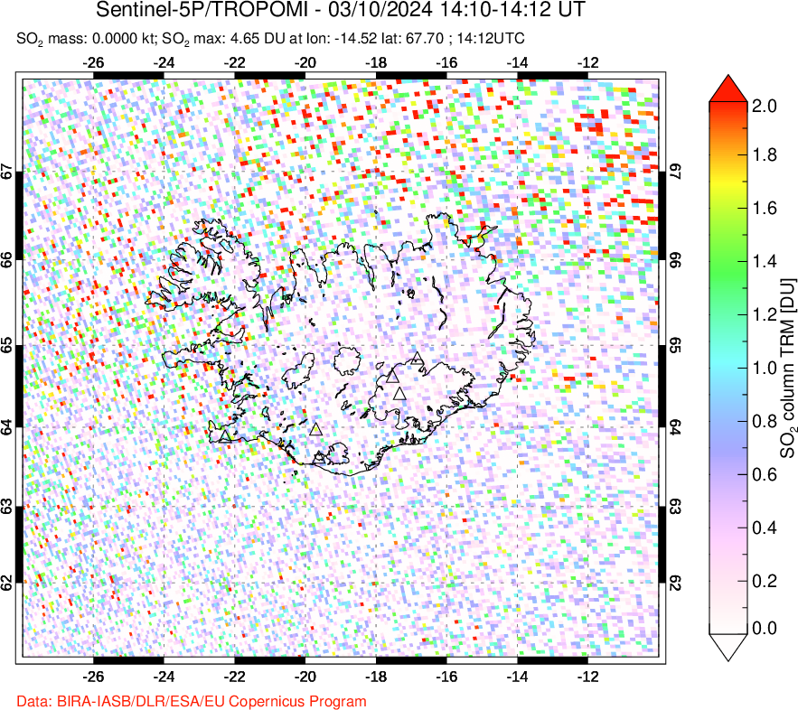 A sulfur dioxide image over Iceland on Mar 10, 2024.