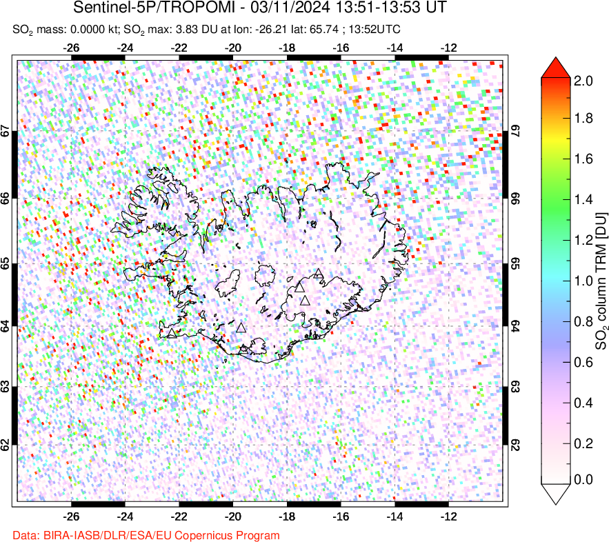 A sulfur dioxide image over Iceland on Mar 11, 2024.