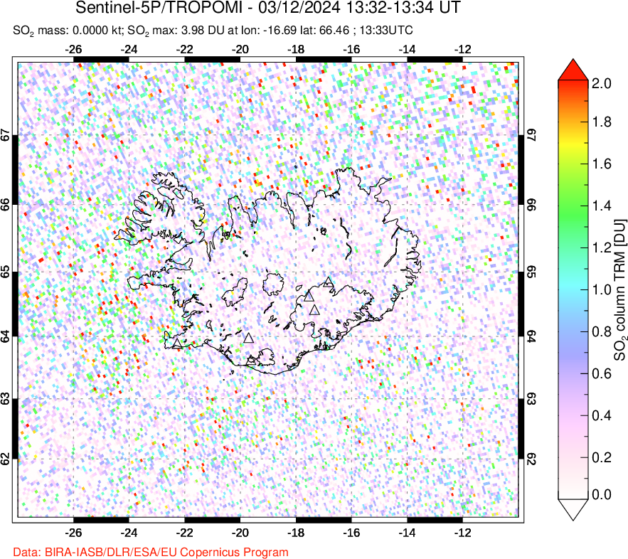 A sulfur dioxide image over Iceland on Mar 12, 2024.