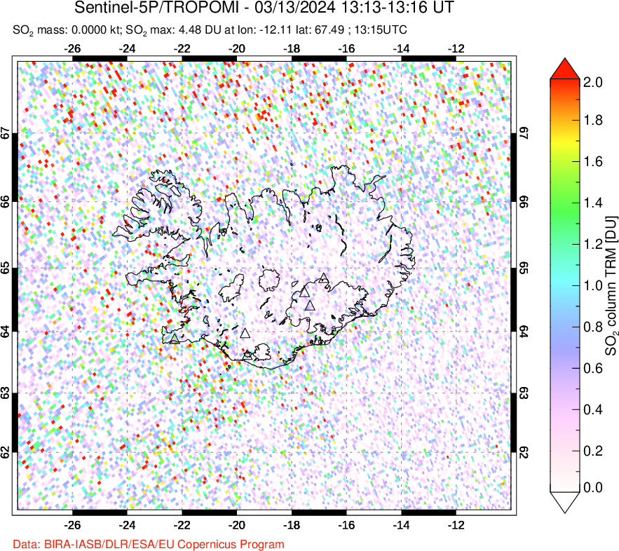 A sulfur dioxide image over Iceland on Mar 13, 2024.