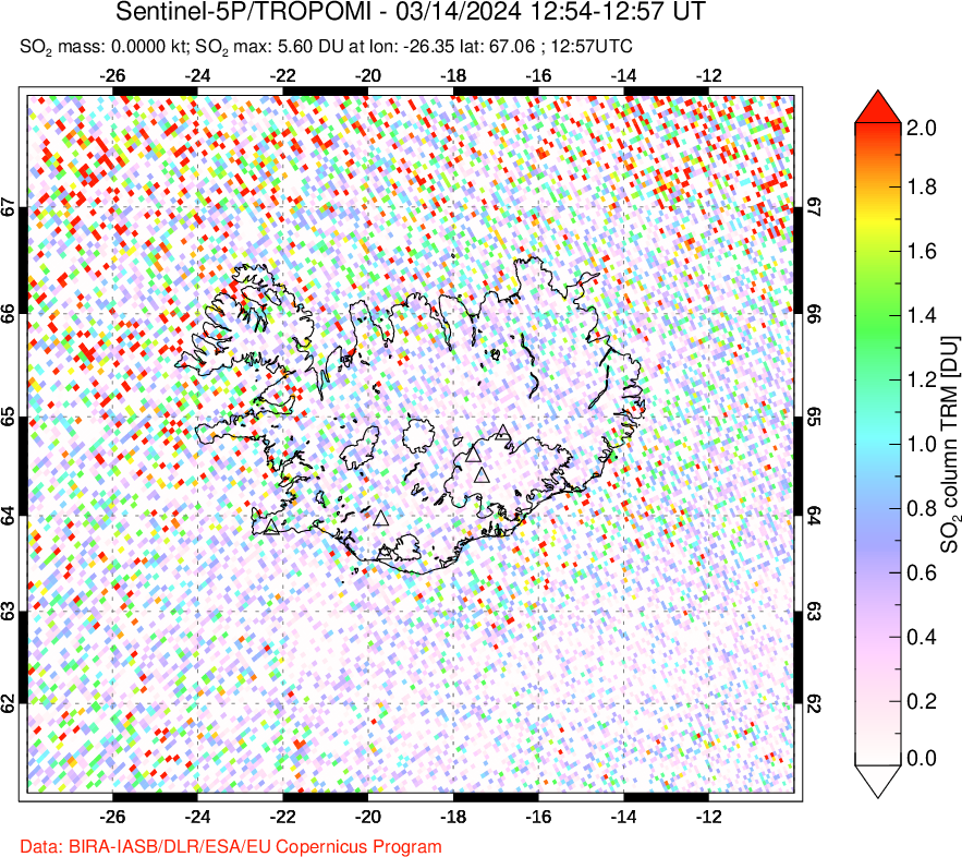 A sulfur dioxide image over Iceland on Mar 14, 2024.