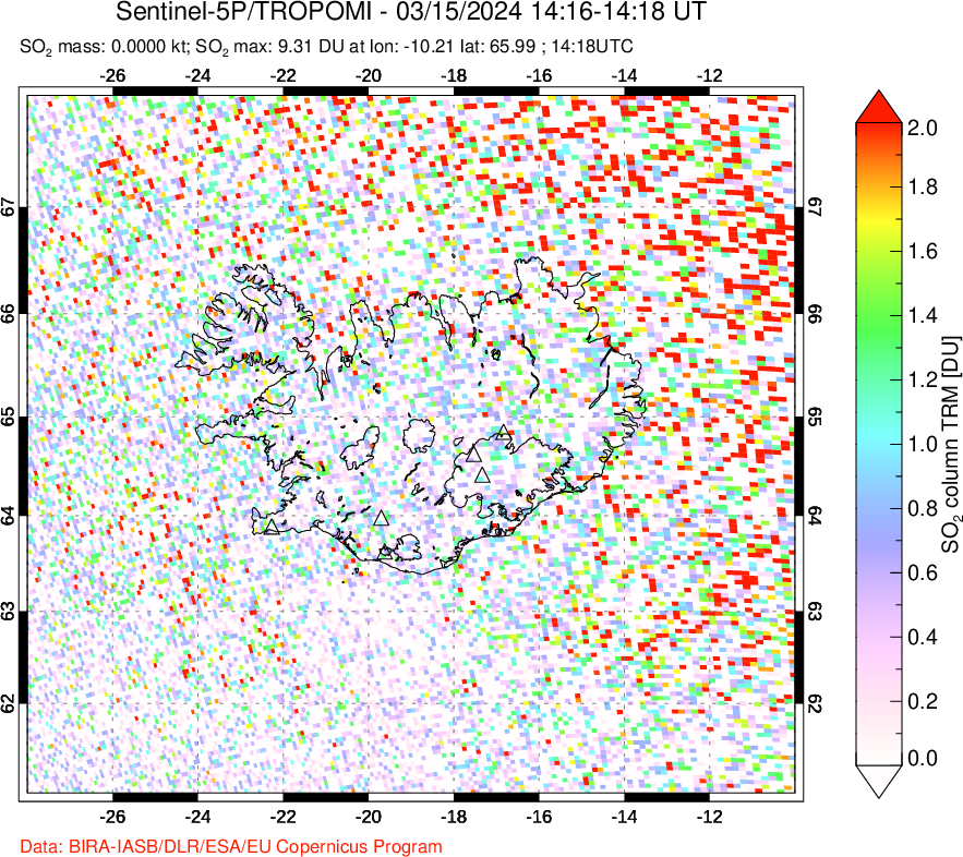 A sulfur dioxide image over Iceland on Mar 15, 2024.