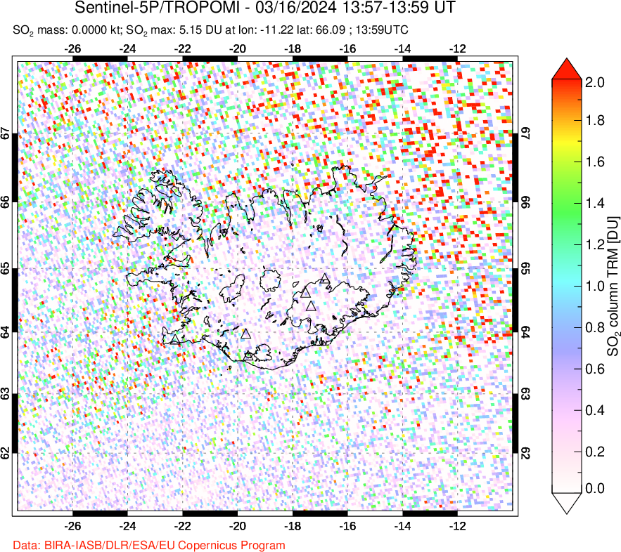 A sulfur dioxide image over Iceland on Mar 16, 2024.