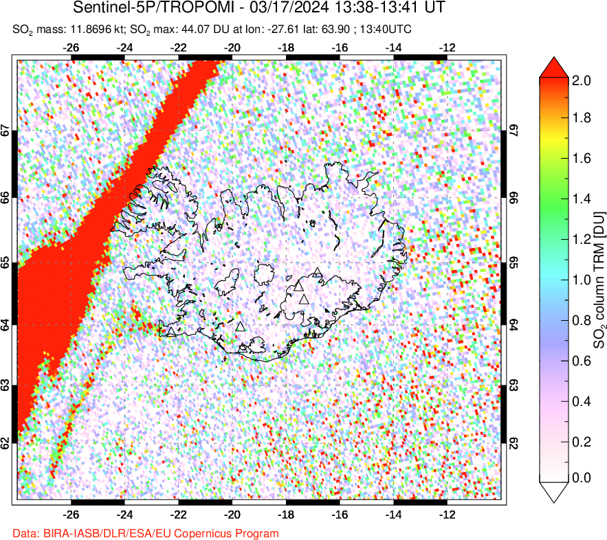 A sulfur dioxide image over Iceland on Mar 17, 2024.