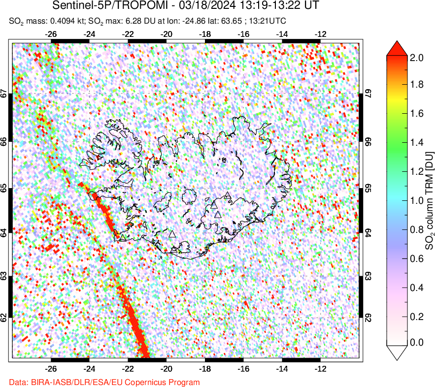 A sulfur dioxide image over Iceland on Mar 18, 2024.