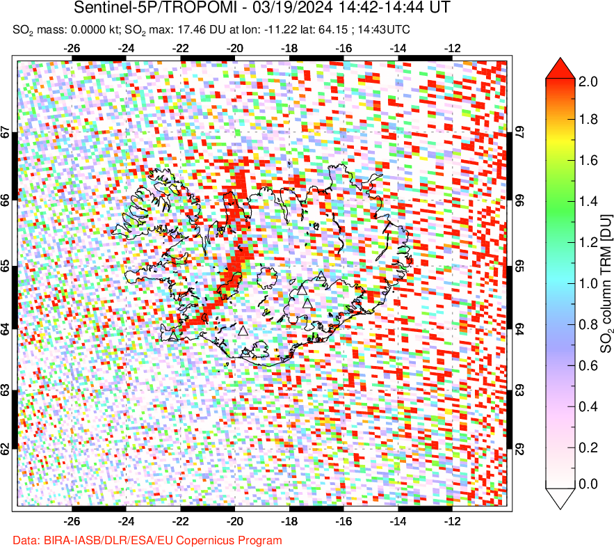 A sulfur dioxide image over Iceland on Mar 19, 2024.