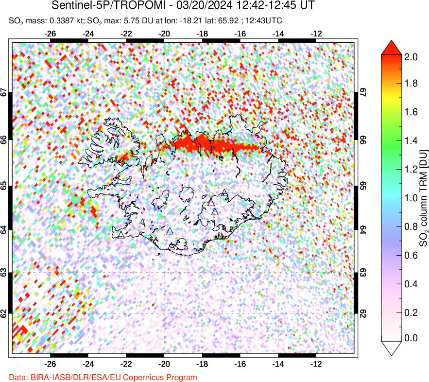 A sulfur dioxide image over Iceland on Mar 20, 2024.