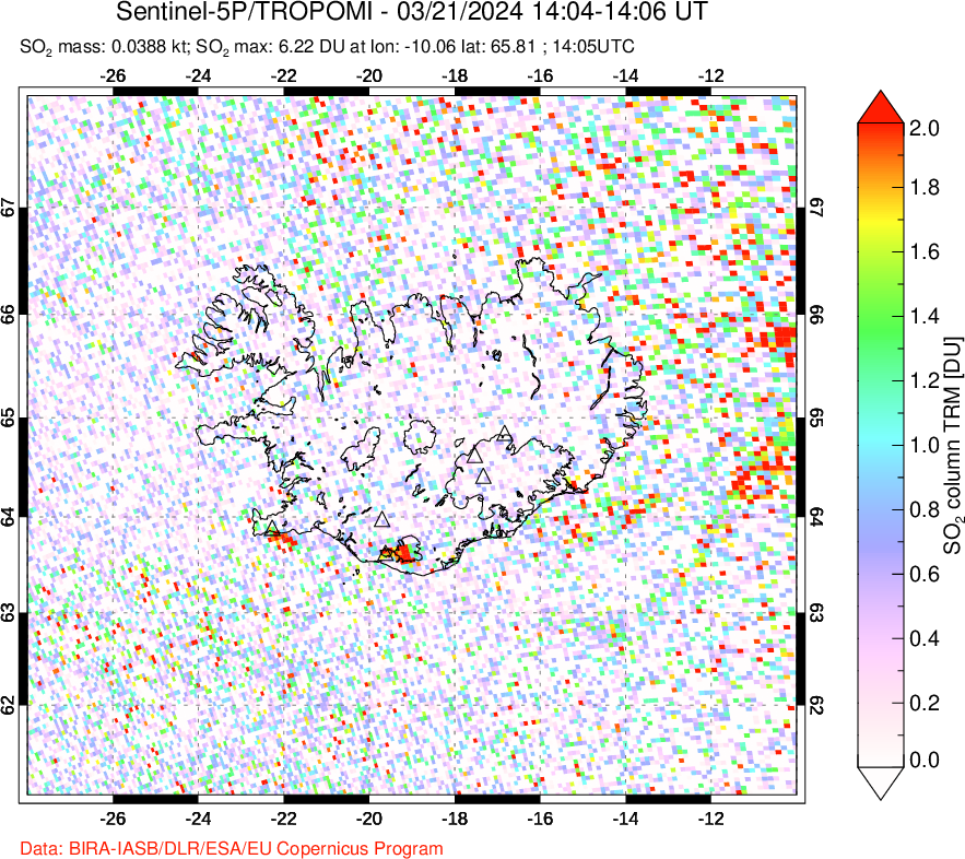 A sulfur dioxide image over Iceland on Mar 21, 2024.