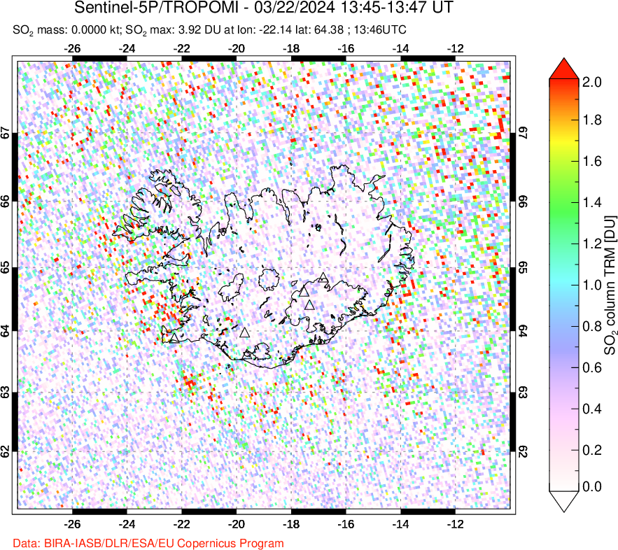 A sulfur dioxide image over Iceland on Mar 22, 2024.