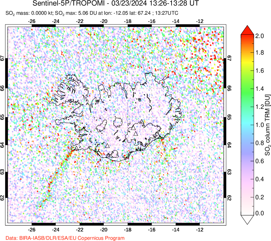 A sulfur dioxide image over Iceland on Mar 23, 2024.