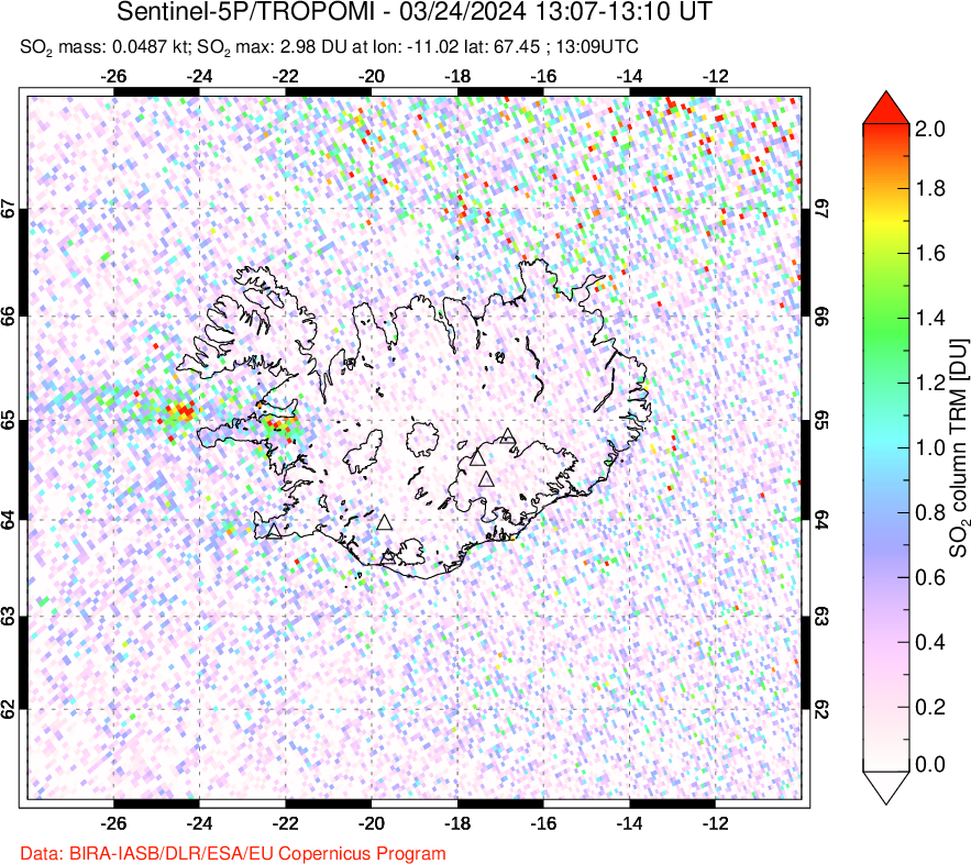 A sulfur dioxide image over Iceland on Mar 24, 2024.