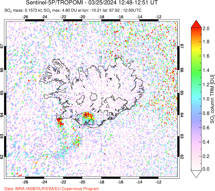 A sulfur dioxide image over Iceland on Mar 25, 2024.