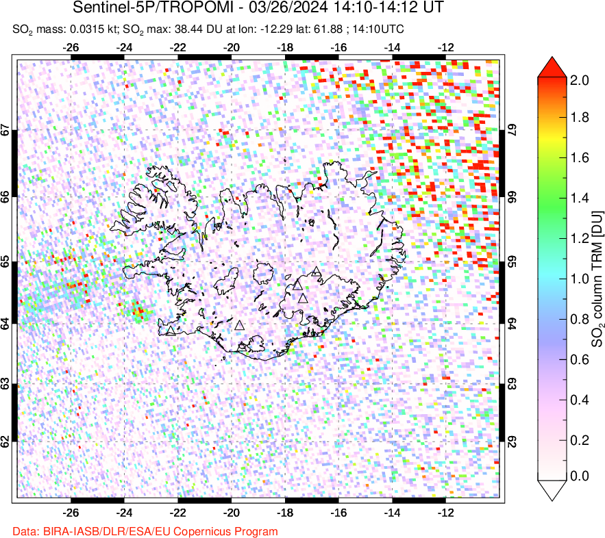 A sulfur dioxide image over Iceland on Mar 26, 2024.