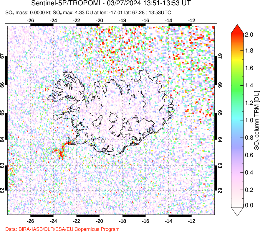 A sulfur dioxide image over Iceland on Mar 27, 2024.