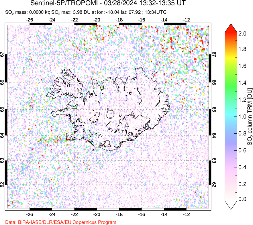 A sulfur dioxide image over Iceland on Mar 28, 2024.