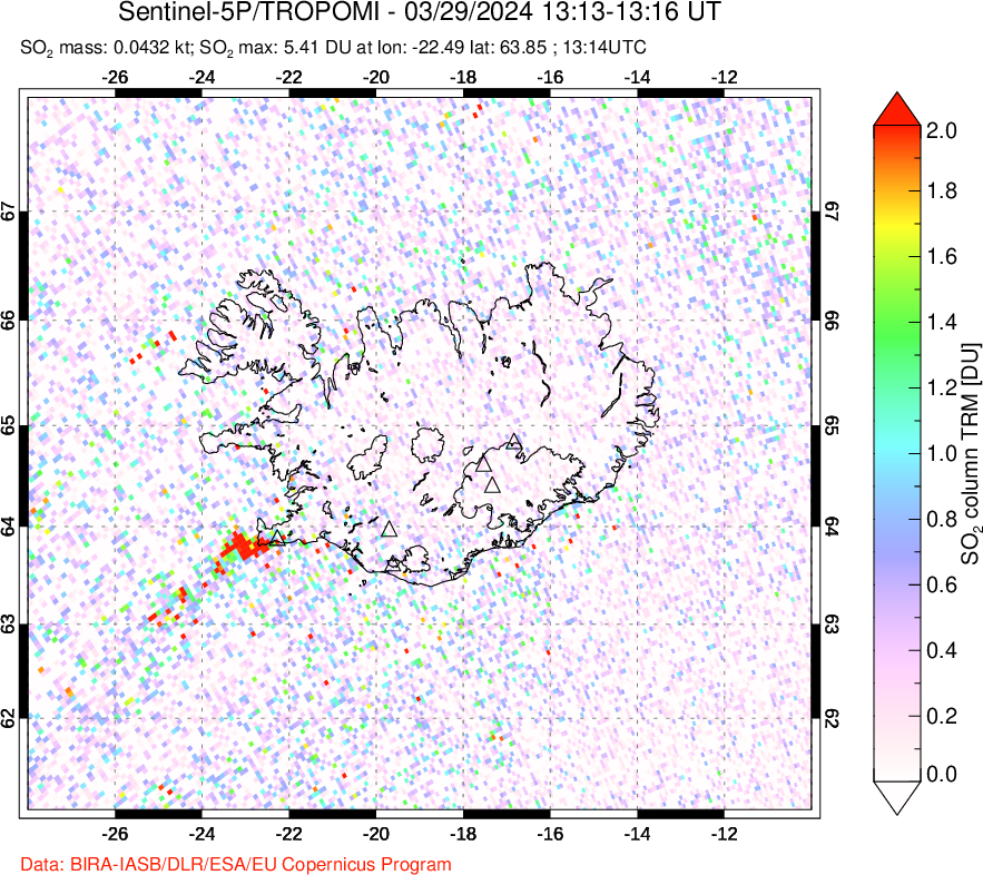 A sulfur dioxide image over Iceland on Mar 29, 2024.