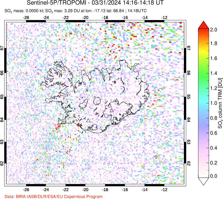 A sulfur dioxide image over Iceland on Mar 31, 2024.