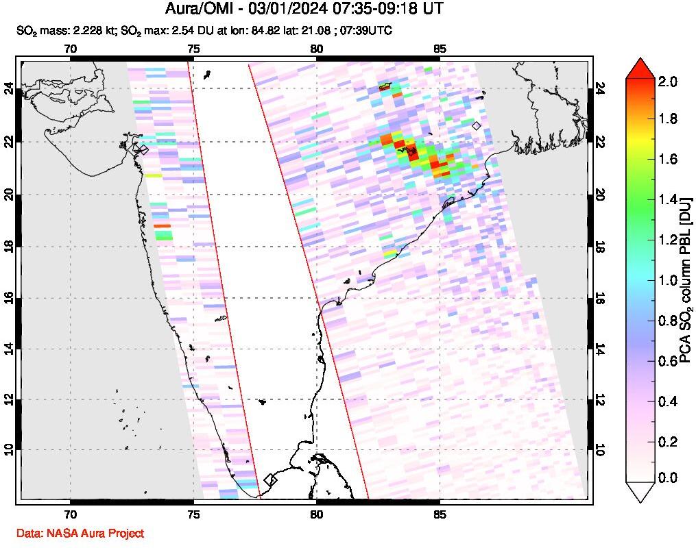 A sulfur dioxide image over India on Mar 01, 2024.