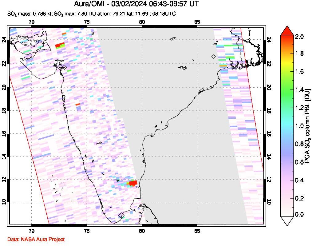 A sulfur dioxide image over India on Mar 02, 2024.