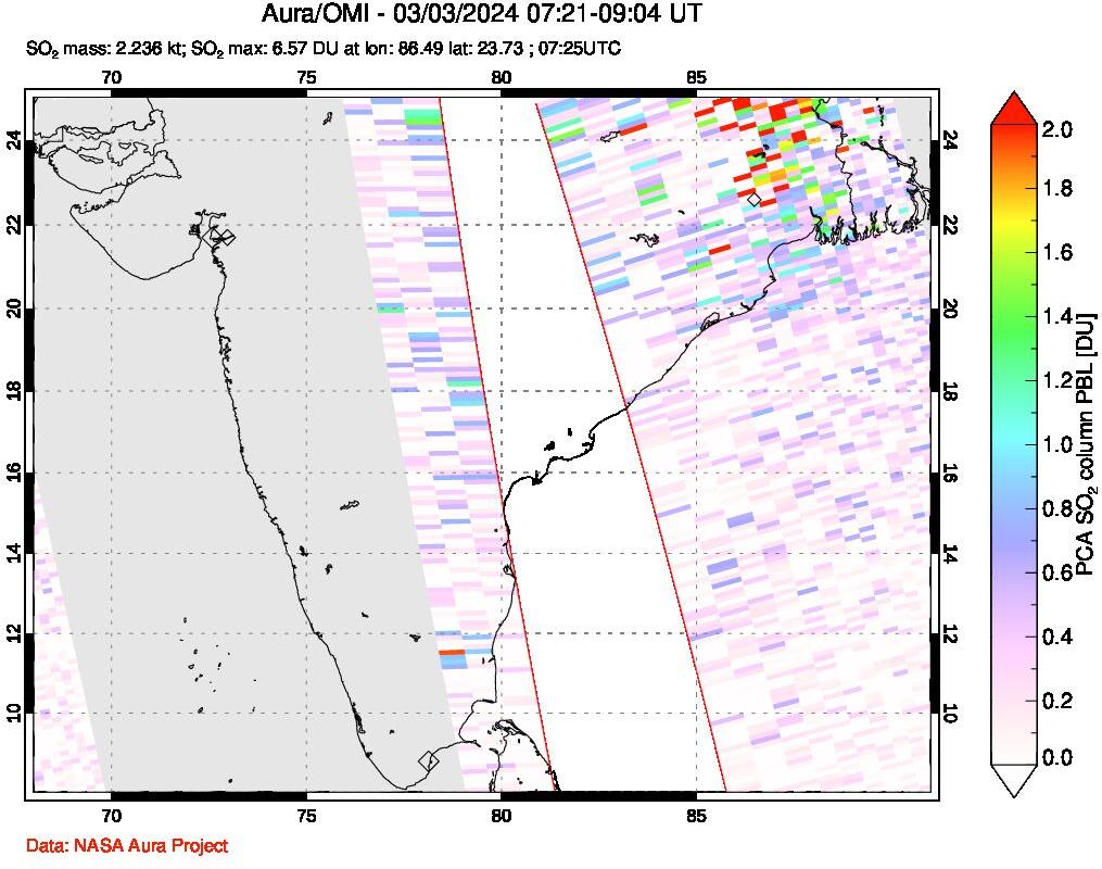 A sulfur dioxide image over India on Mar 03, 2024.